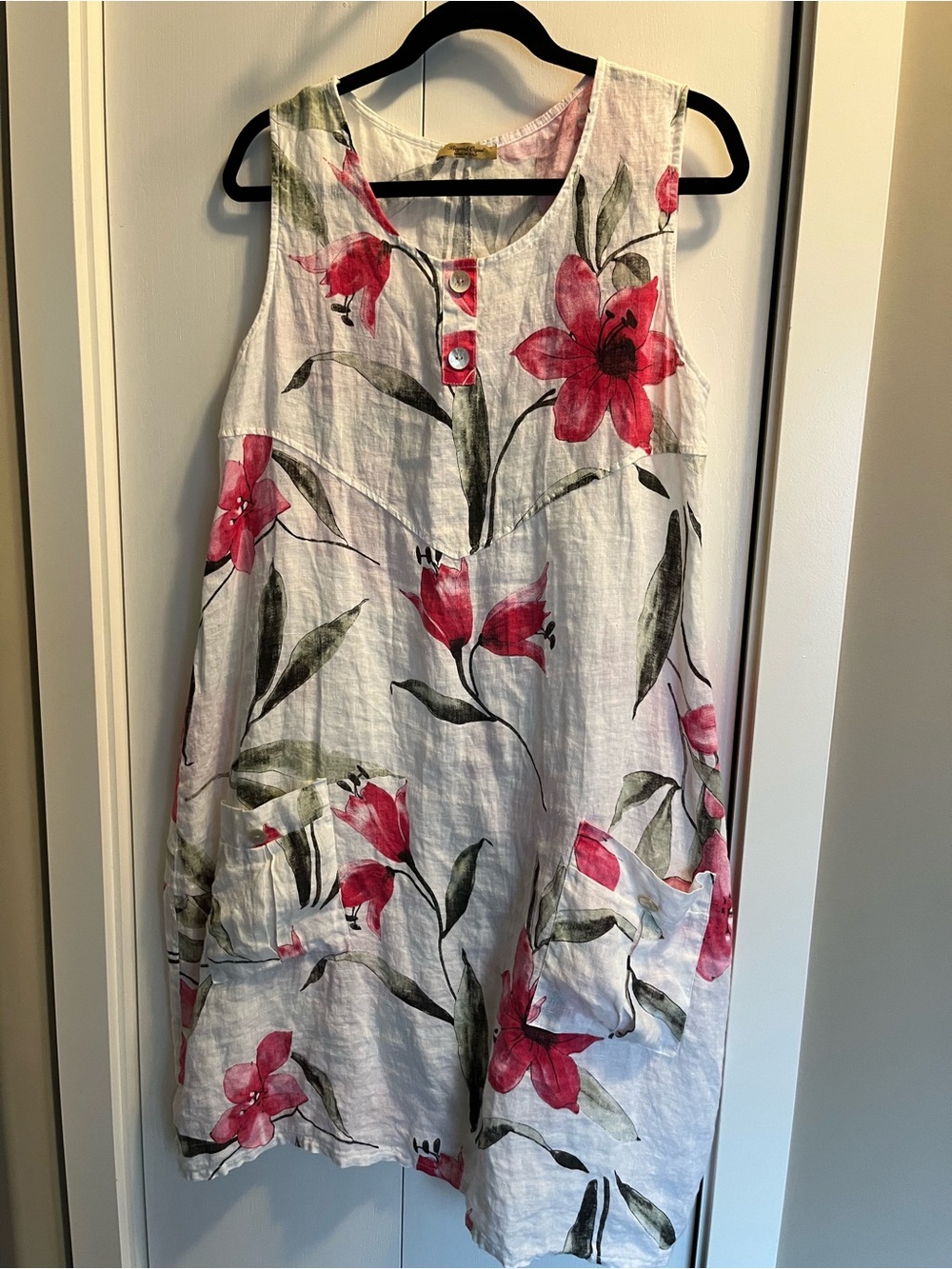 Sleeveless White Midi Dress with Pink Floral Print